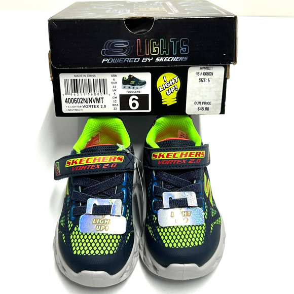 Skechers S-Lights Toddler 6 Light Up Boys Shoes Navy Neon Hook Loop Sneakers NEW - Picture 13 of 13